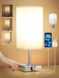 Produktbild: Kakanuo Nachttischlampe Touch Dimmbar, Tischlampe mit Ladefunktion USB A+C-Anschlüssen LED-Birne, Grauer Lampenschirm, Moderne Kleine Lampe für Nachttisch Schlafzimmer Wohnzimmer Babyzimmer Büro