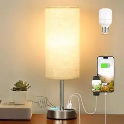 Produktbild: Kakanuo Nachttischlampe Touch Dimmbar, Tischlampe mit Ladefunktion USB A+C-Anschlüssen LED-Birne, Weißer Leinen-Lampenschirm Metallfuß, Kleine Lampe für Schlafzimmer Wohnzimmer Babyzimmer Büro