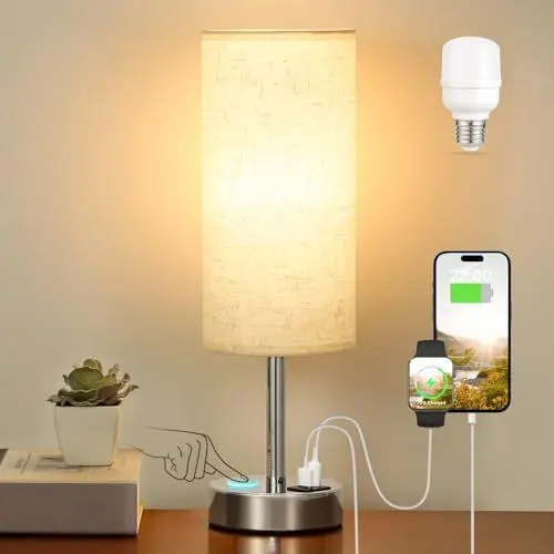 Produktbild: Kakanuo Nachttischlampe Touch Dimmbar, Tischlampe mit Ladefunktion USB A+C-Anschlüssen LED-Birne, Weißer Leinen-Lampenschirm Metallfuß, Kleine Lampe für Schlafzimmer Wohnzimmer Babyzimmer Büro