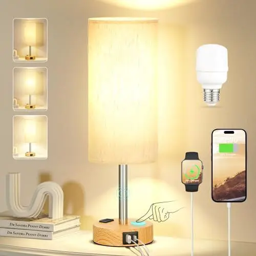 Produktbild: Kakanuo Nachttischlampe Touch Dimmbar mit USB A+C-Anschluss+Steckdose LED Birne, Tischlampe mit Ladefunktion, Lampenschirm aus Leinenstoff, Kleine Lampe für Wohnzimmer Schlafzimmer Kinderzimmer Büro
