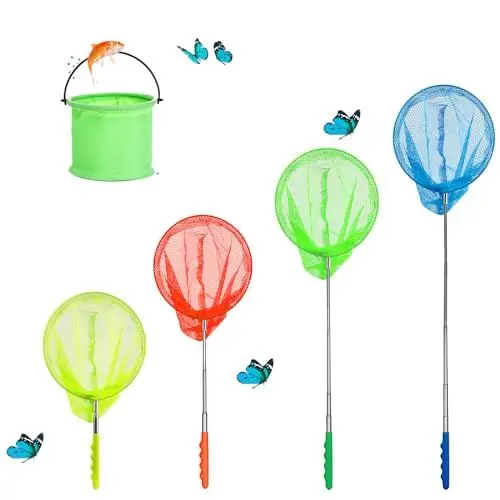 Produktbild: KAKOO 5TLG Teleskop Kescher Kinder Fische Angeln Kescher Pool Fischernetz Schmetterlingsnetz Fischkescher Casher Kinder mit Teleskopstange Gartenaktivitäten Natur Wissenschaft Exploration Werkzeug