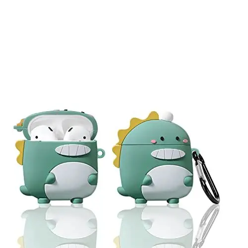 Produktbild: KAKUYI (Grüner Dinosaurier) Airpods 1/2 Hülle Cover Soft Silikon, 3D Cute Cartoon AirPod Hülle Lustiger Abdeckung Stoßfest Vollschutz Hülle mit Schlüsselbund für Mädchen Kinder Jungen Frauen
