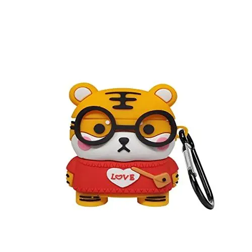 Produktbild: KAKUYI (Tiger) Airpods 1/2 Hülle Cover Soft Silikon, 3D Cute Cartoon AirPod Hülle Lustiger Abdeckung Stoßfest Vollschutz Hülle mit Schlüsselbund für Mädchen Kinder Jungen Frauen
