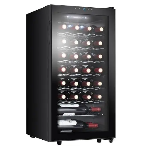 Produktbild: Kalamera Weinkühlschrank, 28 Flaschen 86 Liter, Touch-Bedienfeld, Schwarze Glastür, Verdeckter Griff, 5-18°C Kühlzone, Herausnehmbare Eisenböden, KRC-86FCSS-B