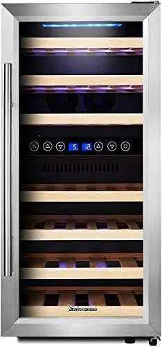 Produktbild: Kalamera Weinkühlschrank 2 Zonen, Edelstahl Glastür, 33 Flaschen(bis zu 310 mm Höhe), 100 Liter, Zwei Temperaturzonen 5-10°C/10-18°C, Freistehend, KRC-33BSS