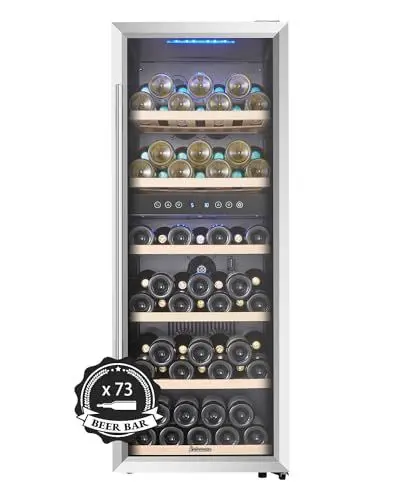 Produktbild: Kalamera Weinkühlschrank 2 Zonen, Edelstahloptik, 73 Flaschen (bis zu 310 mm Höhe),200 Liter,Zwei Kühlzonen 5-10°C/10-18°C, Freistehend, KRC-73BSS