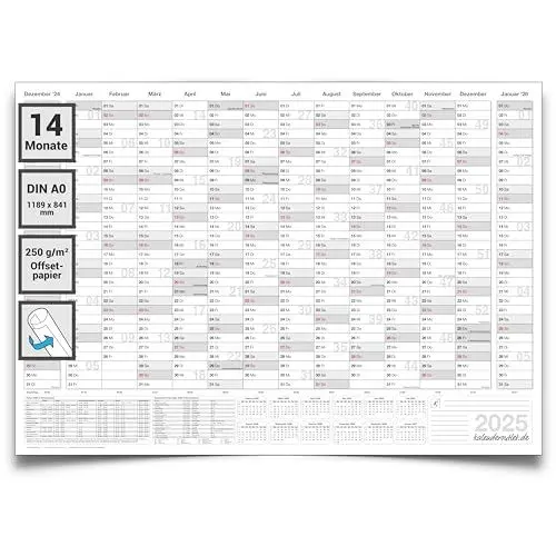 Produktbild: XXL Jahresplaner 2025 DIN A0 – Wandkalender 14 Monate (118,8 x 84 cm, grau, gerollt) | Großer Wandplaner in deutscher Sprache für Büro & Zuhause – von Kalenderoutlet