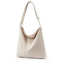 Produktbild: KALIDI Cord Tasche Umhängetasche mit Reißverschluss Wasserdicht Shopper Damen Große Cord Umhängetasche Tote Bag Crossbody Schultertasche Handtasche für Arbeit Büro Reise Einkauf, Beige