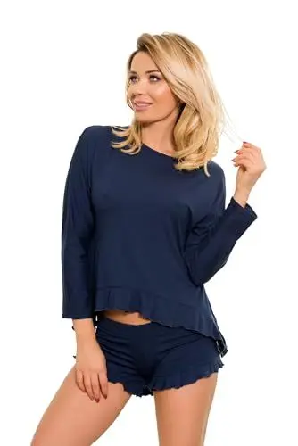 Produktbild: Kalimo Pyjama Romblon | Romantischer Zweiteiliger Damen Schlafanzug | Nachtwäsche | Damen | Farbe: Marineblau | Größe: XL | Material: Viskose