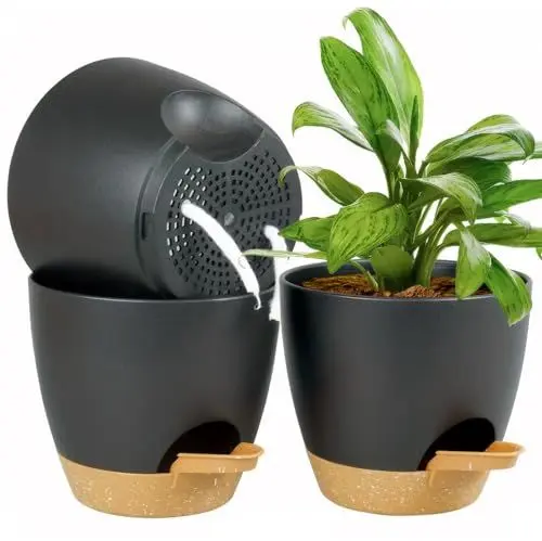 Produktbild: Kalizoi 16,5 cm Blumentopf mit Untersetzer, Selbstbewässerung Übertopf mit Drainagelöcher, Pflanzentopf für Innen Außen Pflanzen(3er-Set, Schwarz)
