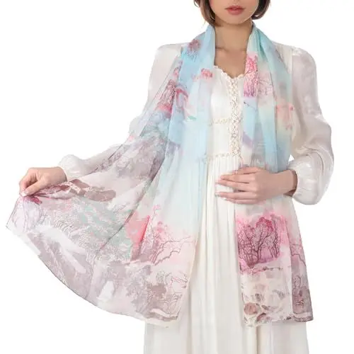 Produktbild: KALOEY Chiffon Schal Damen Halstuch Tuch Blume Muster Schals & Tücher für Sommer Frühling Herbst
