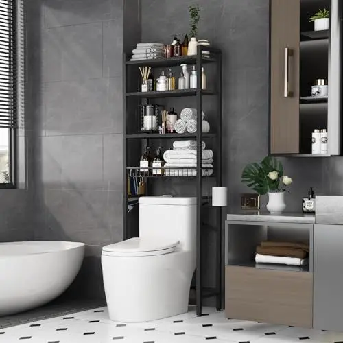 Produktbild: Kalrin Toilettenregal, 4-stufiges Verstellbares Multifunktionsregal für das Bad, Regal Über der Toilette mit Aufbewahrungskörben, Platzsparendes WC-Regal, Leicht zu Montieren (Schwarz)