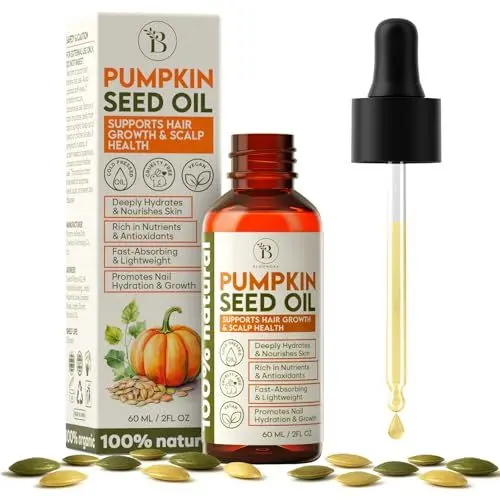 Produktbild: Kaltgepresstes Kürbiskernöl für die Haarpflege, trockene Kopfhaut, Haut- & Nagelhydration (60 ml), Pumpkin Seed Oil für die Kopfhautpflege, zur Glättung von Spliss, natürliche Alternative zu Haarserum