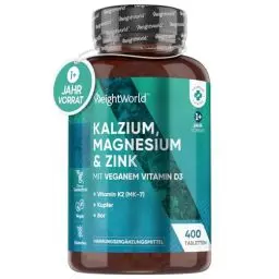 Produktbild: Kalzium Magnesium Zink - 400 Tabletten für 1+ Jahr - Magnesiumoxid mit Vitamin D3, K2, Selen, Mangan - 500mg Kalzium - Mineralstoffe & Multivitamin Komplex - Elektrolyte & Muskelaufbau - WeightWorld