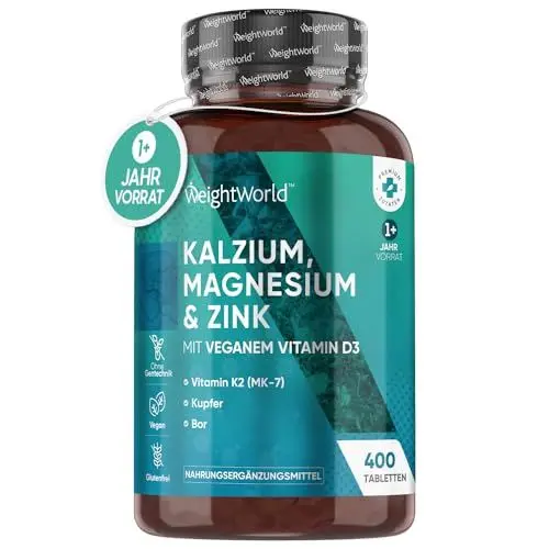 Produktbild: Kalzium Magnesium Zink - 400 Tabletten für 1+ Jahr - Magnesiumoxid mit Vitamin D3, K2, Selen, Mangan - 500mg Kalzium - Mineralstoffe & Multivitamin Komplex - Elektrolyte & Muskelaufbau - WeightWorld