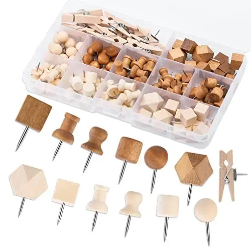 Produktbild: KAMAIKA 114 Stück Stecknadeln aus Holz, dekorative Stecknadeln in 2 Farben und 7 Stilen, Reißnägel, Markierungsnadeln mit Aufbewahrungsbox, Reißnägel für Bastelprojekte aus Korktafeln