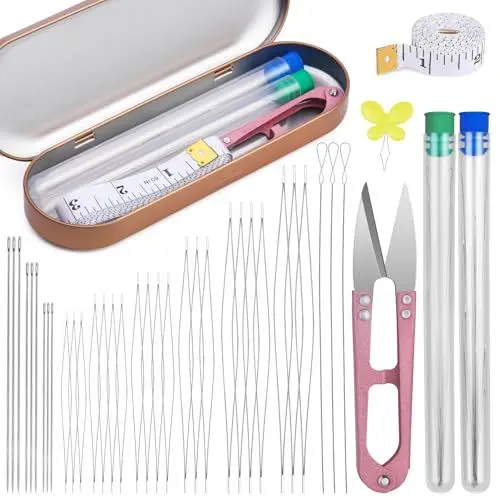 Produktbild: Perlennadel Set, Perlennadeln zum Auffädeln von Perlen, 9 Stück Langen Geraden Perlenfadennadeln, 21Großen Augen Perlennadeln, 3 zusammenklappbares Nadelöhr Perlennadel für Schmuckherstellung