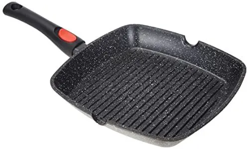 Produktbild: Kamberg – 0008029 – Grillpfanne 28 נ28 cm – Abnehmbarer Griff – Aluminiumguss – Beschichtung in Steinoptik – Für alle Herdarten, auch Induktion – PFOA‑frei, Grau