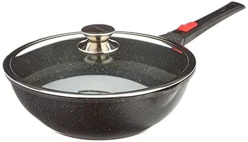 Produktbild: Kamberg 0008057 – Wok 30 cm – Abnehmbarer Griff – Aluminiumguss – Beschichtung in Steinoptik – Mit Glasdeckel – Für alle Herdarten, auch Induktion – PFOA‑frei, Aluminium, Schwarz