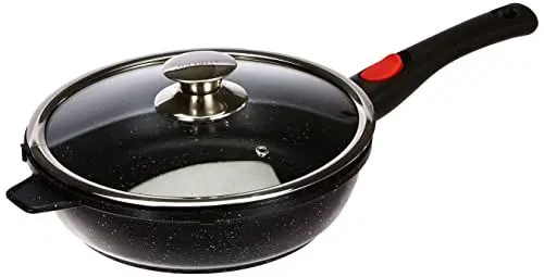 Produktbild: Kamberg – 0008026 – Schwenkpfanne 24 cm – Abnehmbarer Griff – Aluminiumguss – Beschichtung in Steinoptik – Mit Glasdeckel – Für alle Herdarten, auch Induktion – PFOA‑frei, Schwarz
