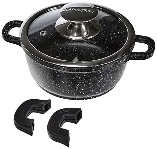 Produktbild: Kamberg – 0008030 – Kochtopf 16 cm – Aluminiumguss – Beschichtung in Steinoptik – Mit Glasdeckel – Für alle Herdarten, auch Induktion – PFOA‑frei, Schwarz