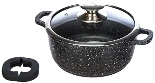 Produktbild: Kamberg – 0008031 – Kochtopf 20 cm – Aluminiumguss – Beschichtung in Steinoptik – Mit Glasdeckel – Für alle Herdarten, auch Induktion – PFOA‑frei, Schwarz