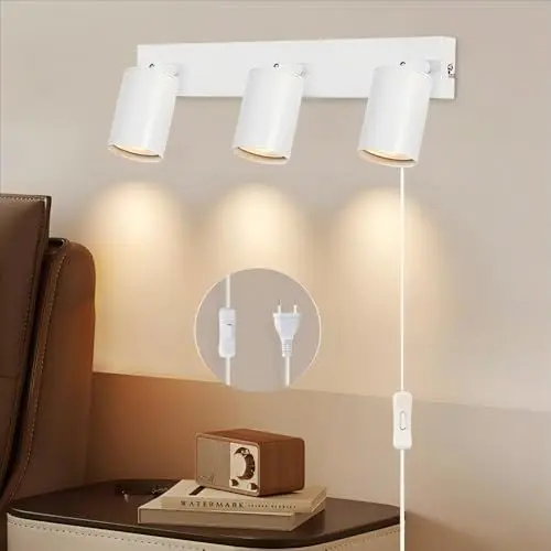 Produktbild: Kambo GU10 3 Flammig Wandleuchte Innen Weiß, Drehbare 350° Wandbeleuchtung mit Schalter, 3 Spot Wandlampe mit Stecker Aus Aluminiumlegierung für Schlafzimmer, Wohnzimmer, Flur, Nachttisch
