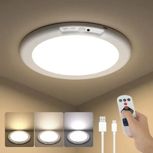 Produktbild: Kambo LED Deckenlampe mit Bewegungsmelder - Akku Deckenleuchte Innen USB - Lampe mit Dimmbar Fernbedienung 3000K 4500K 6500K für Flur Keller Garage Treppe Schrank