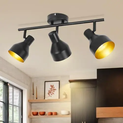 Produktbild: Kambo LED Deckenstrahler 3 Flammig Schwarz - E14 Deckenleuchte Strahler Schwenkbar - Retro Deckenlampe 3 Flammig - Metall Deckenspot Wandstrahler Küche Schlafzimmer Wohnzimmer - Ohne Leuchtmittel