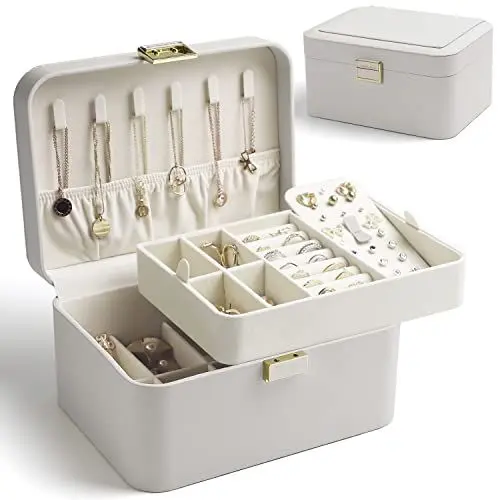 Produktbild: KAMIER Grau Schmuckkästchen – Luxuriöse 2-stöckige Schmuckschatulle aus hochwertigem Flanell für Damen, ideal für Ringe, Ohrringe, Armbänder & Halsketten