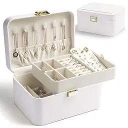 Produktbild: KAMIER Schmuckkästchen – Luxuriöse 2-stöckige Schmuckschatulle aus hochwertigem Flanell für Damen, geeignet für Ringe, Ohrringe, Armbänder & Halsketten, Weiß