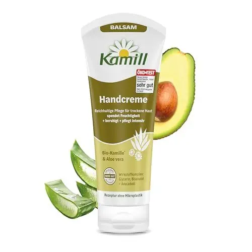 Produktbild: Kamill Handcreme Balsam 100ml – vegane Creme – Hand- & Nagelpflege mit Bio- Kamille und Avocadoöl in Reisegröße – beruhigend, reparierend & feuchtigkeitsspendend