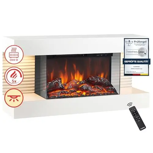 Produktbild: KAMINIO Elektrokamin Liz - Elektrischer Wandkamin mit Heizung, 3D-Flammeneffekt, LED-Ambientelicht, Fernbedienung (Weiß)