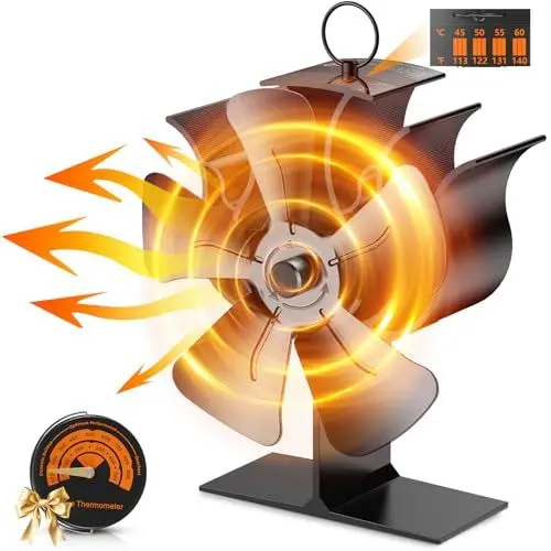 Produktbild: Kaminventilator, Ofenventilator Ohne Strom mit 5 Flügel, Kaminofen Ventilator für Holzofen, Leiser Betrieb Kaminlüfter Warmluftverteile Mit Temperaturanzeige Effiziente Wärmeverteilung für Holzbrenner