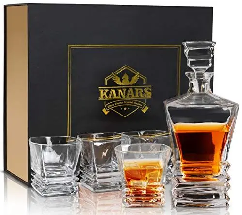 Produktbild: KANARS Karaffe und Whiskygläser für Scotch, Cognac, Whisky, Martini, 800 ml Flasche mit 4 x 260 ml Whiskey-Glas, Kristalldekanter, schöne Geschenkbox, 5-teiliges Set