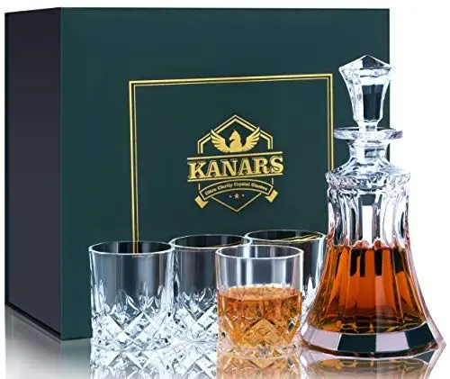 Produktbild: KANARS Whiskygläser und Karaffe, 550 ml, Flasche mit 4 x 300 ml, Whiskeyglas, für Cognac, Martini, Scotch, Whisky, schöne Geschenkbox, 5-teiliges Set