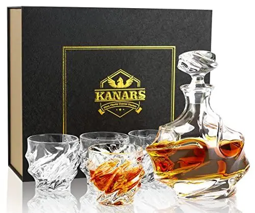 Produktbild: KANARS Whisky Karaffe und Gläser Set, 750 ml Whiskey Dekanter mit 4x 260 ml Gläser, Bleifrei Kristallgläser, 5-Teiliges Whisky Geschenkset, Luxuriös Geschenk Transparent
