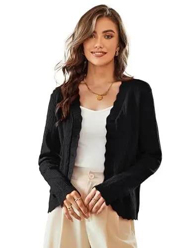 Produktbild: KANCY KOLE Damen Sommer Leichte Strickjacke mit Knöpfen V-Ausschnitt Langarm Strickpullover Open Front Cardigan Schwarz S