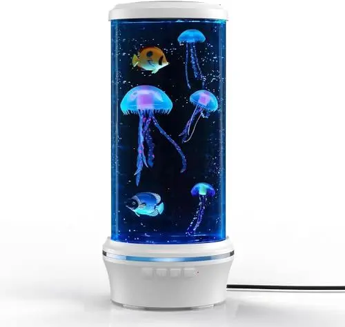 Produktbild: Kangtaixin Lavalampe Quallen - 7 Farben Quallen Lavalampe Kinder - Runde Jellyfish Aquarium Stimmungslicht,Schwarz mit 4quallen & 2fish (Weiß)