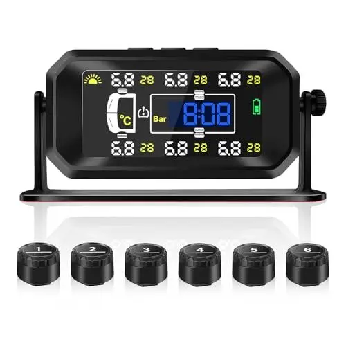 Produktbild: KAOLALI TPMS Reifendruckkontrollsystem, Solaraufladung Reifendruckkontrollsystem, Echtzeit-Überwachung von Druck und Temperatur, Zeitanzeige, Mit 6 Externen Reifendrucksensor für Van RV LKW