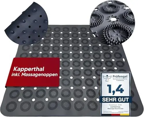 Produktbild: Kapperthal Massage Duschmatte rutschfest PVC frei - 54 x 54 cm - Antirutschmatte Dusche - Badewannenmatte aus TPE - rutschfeste Badematte mit Massagefunktion und Saugnäpfen - Anthrazit