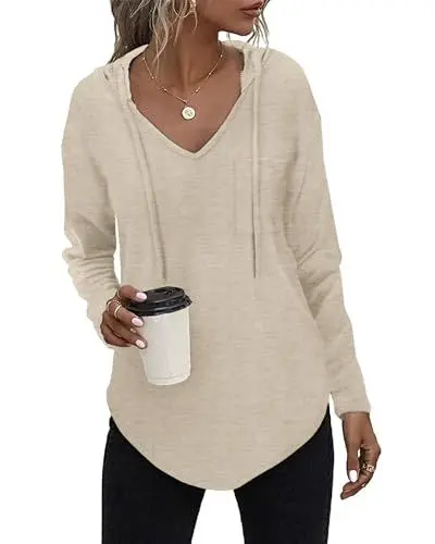 Produktbild: Kapuzenpullover Damen Leichter Pullover Hoodie Sweatshirs mit Taschen für den Herbst Beige, XXL