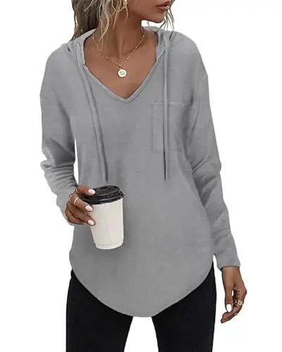 Produktbild: Kapuzenpullover Damen Leichter Pullover Hoodie Sweatshirs mit Taschen für den Herbst Grau, L
