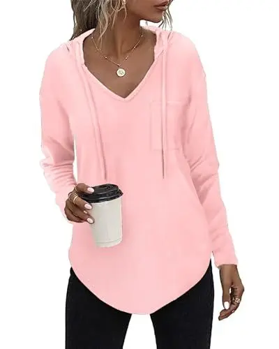 Produktbild: Kapuzenpullover Damen Leichter Pullover Hoodie Sweatshirs mit Taschen für den Herbst Hellrosa, M