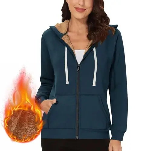 Produktbild: Kapuzenpullover Damen Winter Teddyfutter Sweatjacke Mit Kapuze Gefüttert Fleecejacke Frauen Warm Dicke Pullover Einfarbig Sweatshirt Langarm Hoodie Jacke Kapuzenjacke Zipper Winterjacken