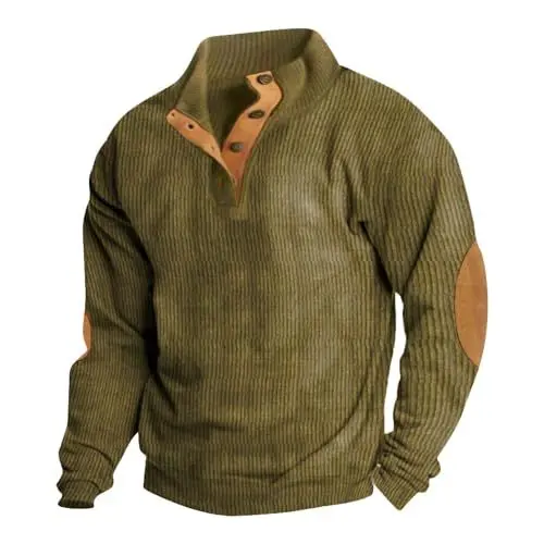 Produktbild: ZHENDEGL Herren Bluzy Meskie Ski Sweater Khaki Locker V-Ausschnitt Langarm Corduroy Rippung Stillen Herbst Winter Erwachsener Männer