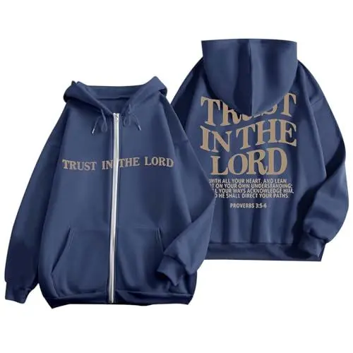 Produktbild: Kapuzenpullover für Damen mit Reißverschluss Trust In The Lord Hoodie Damen Christian Jesus Drucken Sweatjacke Kordelzug Kapuzenjacke Y2K Jacke Casual Locker Hoody Oversized Sweatshirts mit Taschen