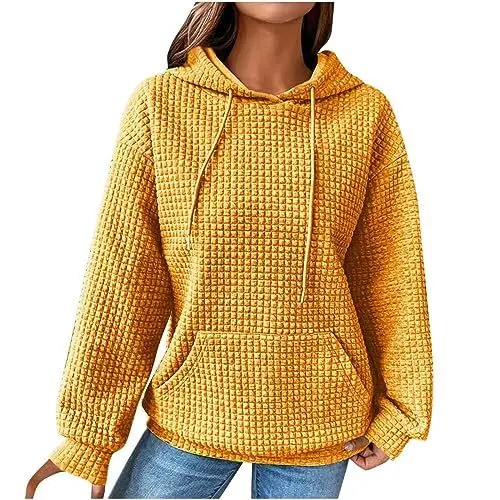 Produktbild: Kapuzensweatshirt mit Langarm-Sweatshirt für Frauen Sweatshirt mit Taschen Waffel Langarm Damen Waffel-Oberteile Waffeloberteile für Frauen Waffel-Top Waffeloberteile für Gelb 2XL