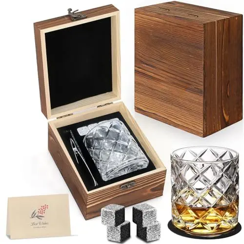 Produktbild: KAQ Whiskey Geschenkset für den Mann - Bourbon Glas Set mit Whisky Steinen für Holzkiste