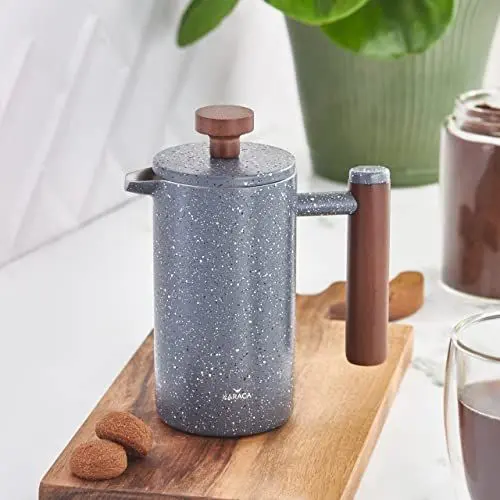 Produktbild: KARACA Doppelwandige Marmor French Press mit Kastaniengriff – Isolierte Kaffee French Press – Kaffeebereiter für Zuhause, Reisen und Camping – 350 ml – Dunkelgrau